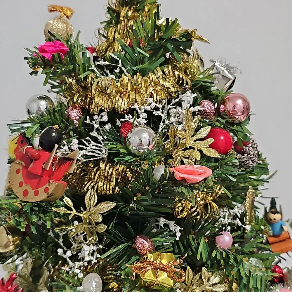 Artificial Tabletop Decorated Christmas Tree Santa Claus Topper Retro Kitsch